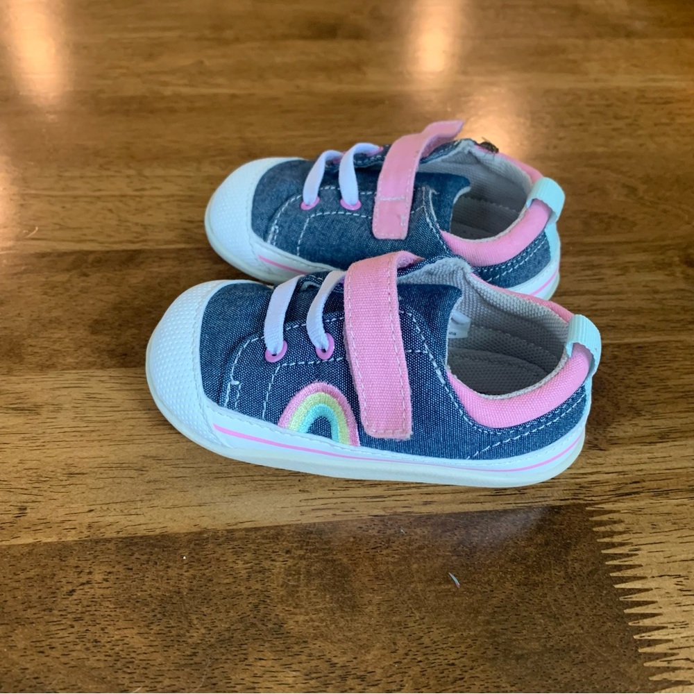 See Kai Run Denim Sneakers with Pink and Rainbow Accents